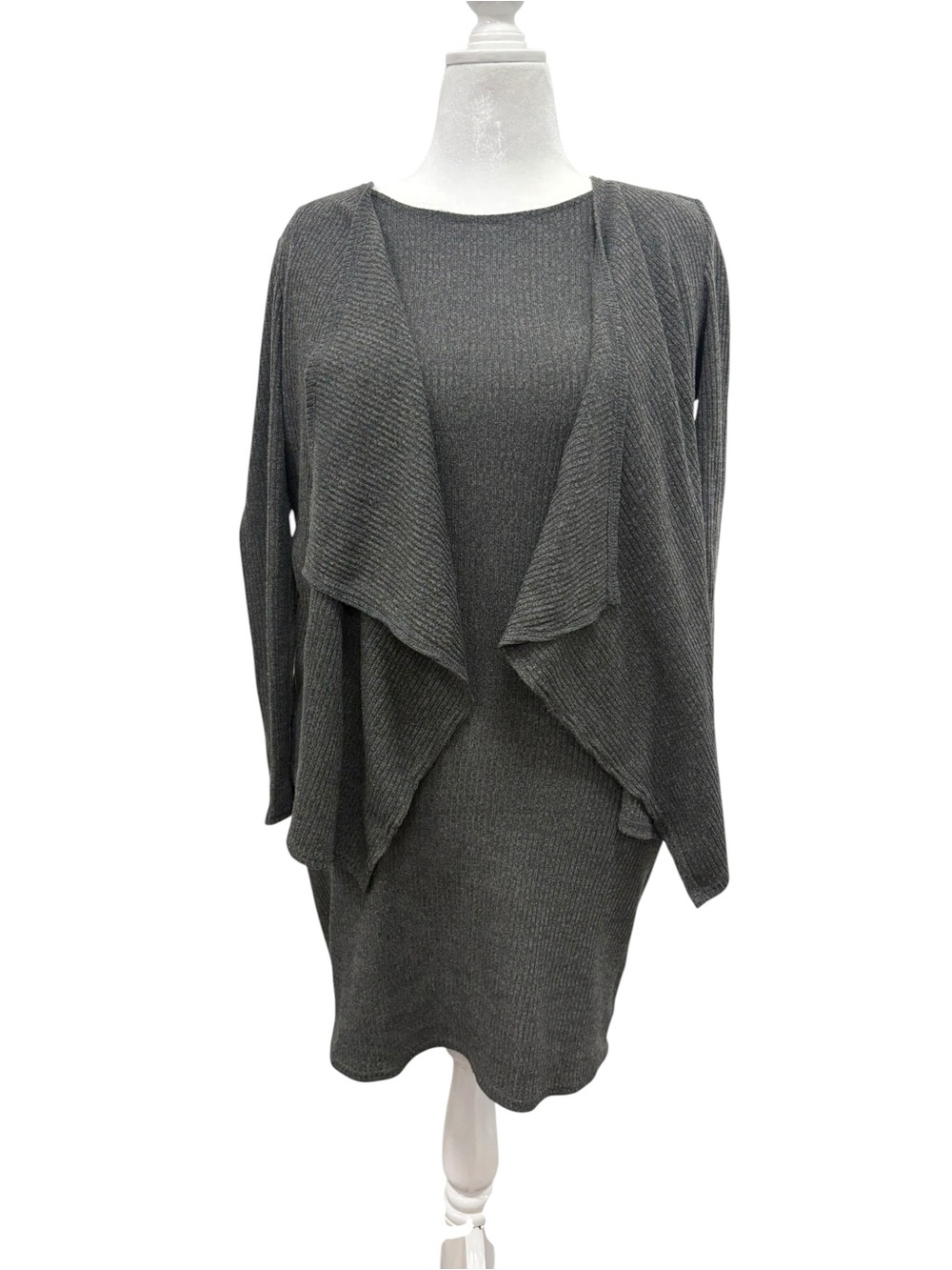 R&K Gray Ribbed Knit Dress & Waterfall Cardigan 2-Piece Set Size 14